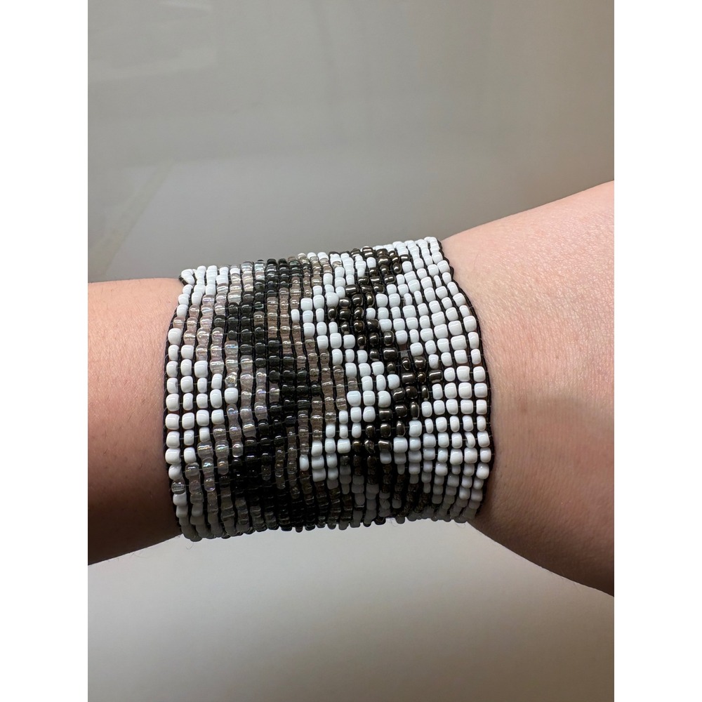 Handmade Woven Seed Bead Cuff Bracelet Geometric White Black Grey